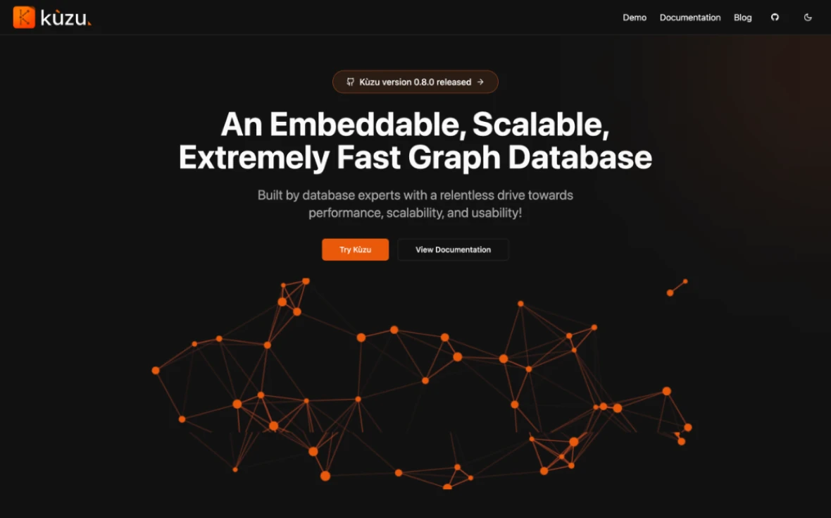 Preview of Kùzu project showing Brand identity and website design for an embeddable graph database that rivals Neo4j in performance.